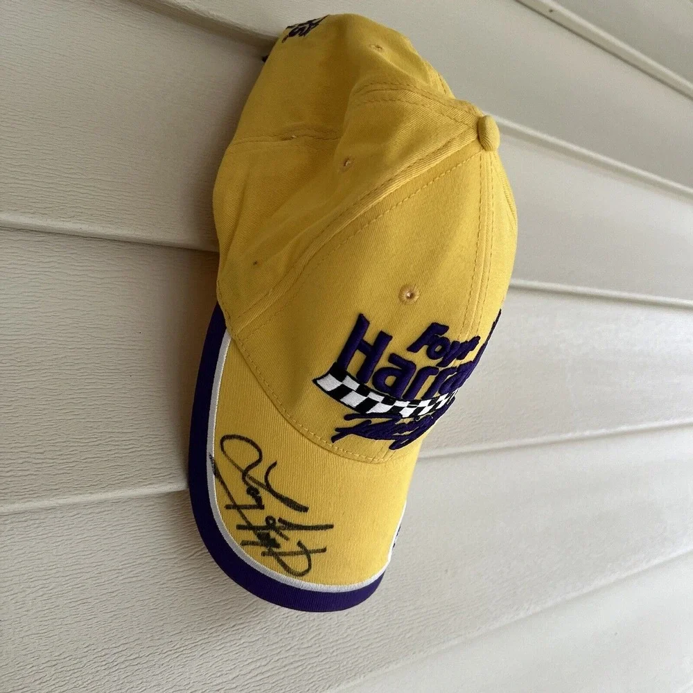 Autographed Nascar Hat Cap Purple Yellow Harrahs Racing Larry Foyt